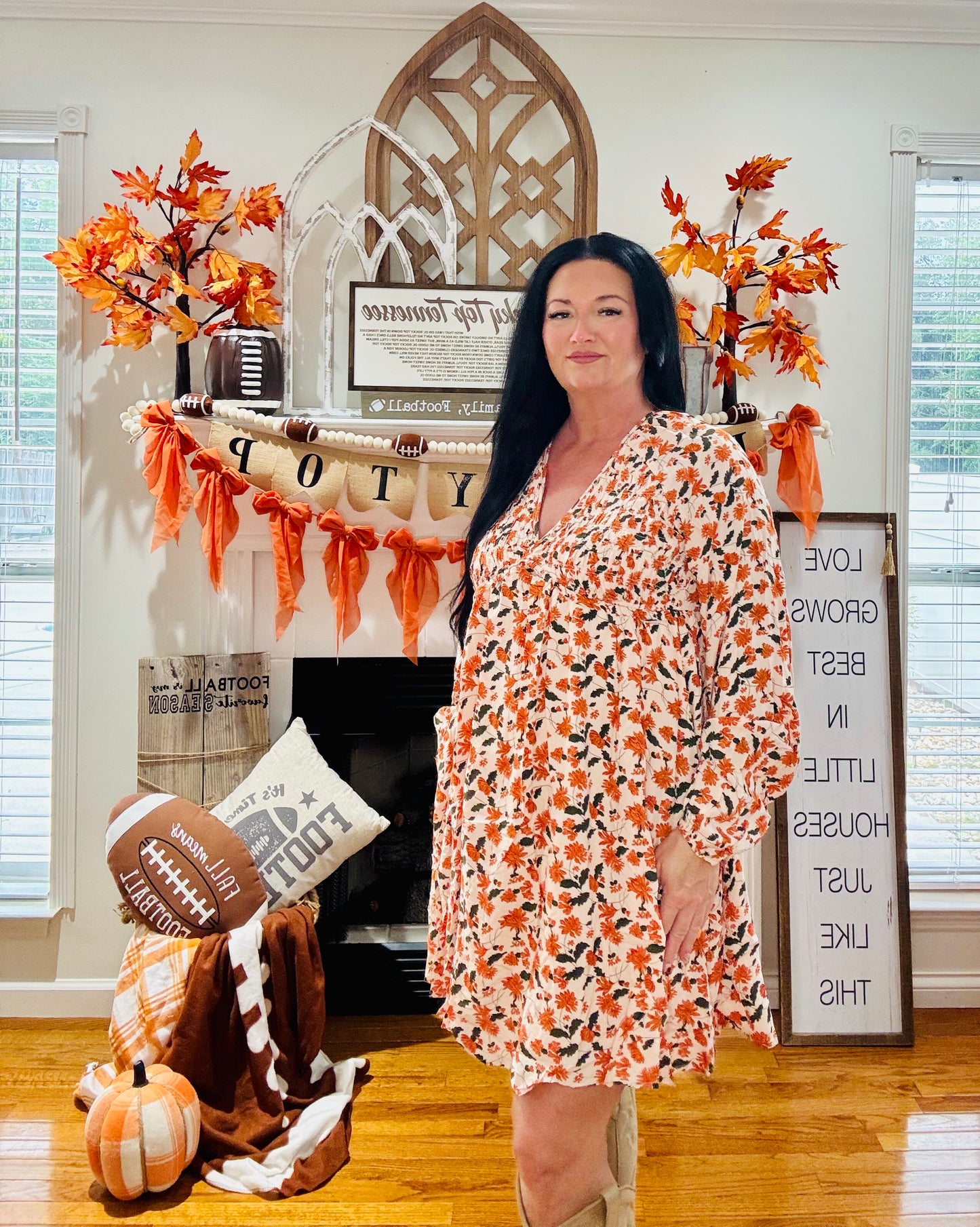 Beige Floral Deep V Neck Smocked Bust Bubble Sleeve Babydoll Dress