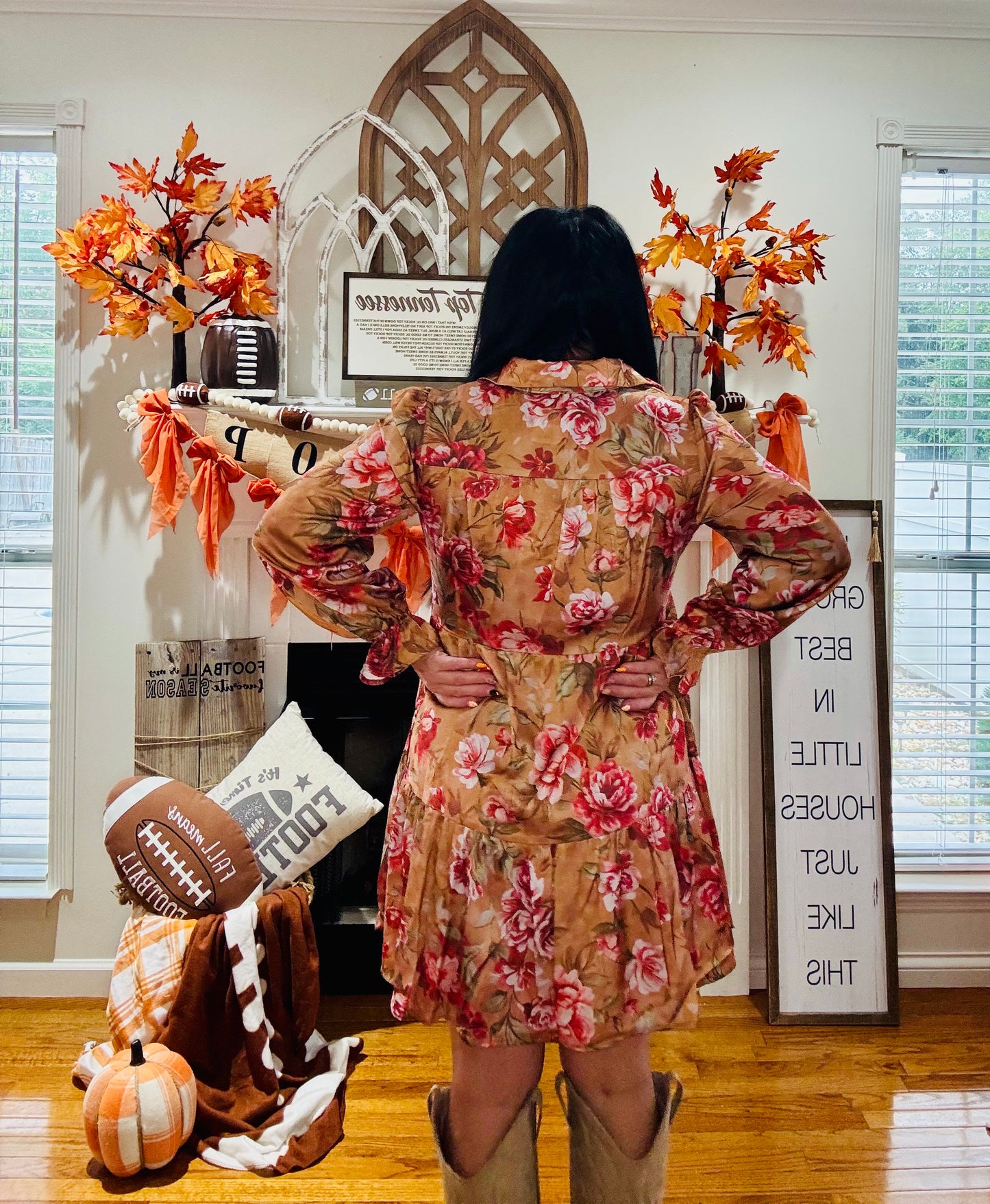 Brown Vintage Floral Print Shirt Style Half Button Long Sleeve Ruffle Mini Dress