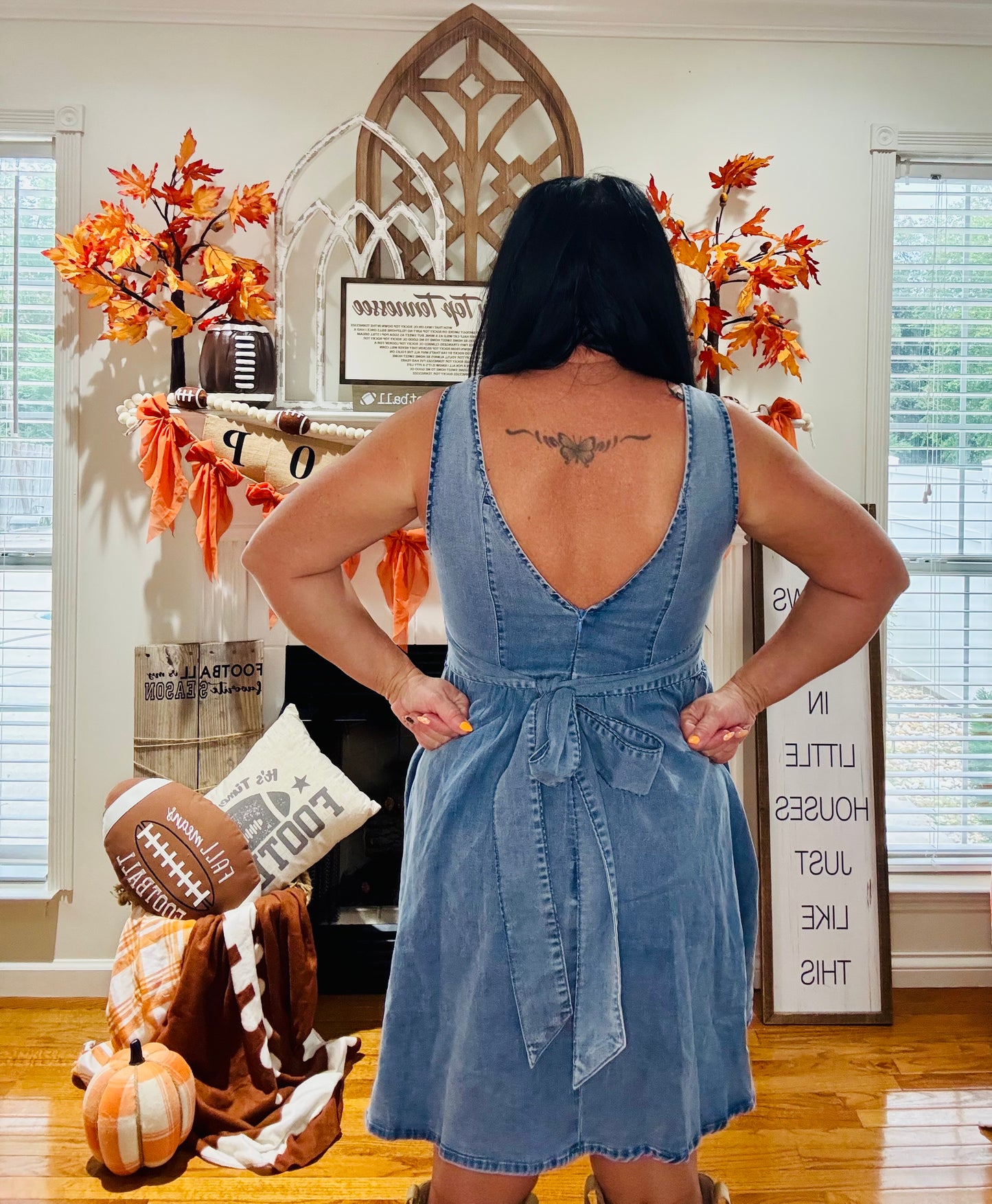 Myosotis Square Neck Bowknot A-line Sleeveless Denim Dress