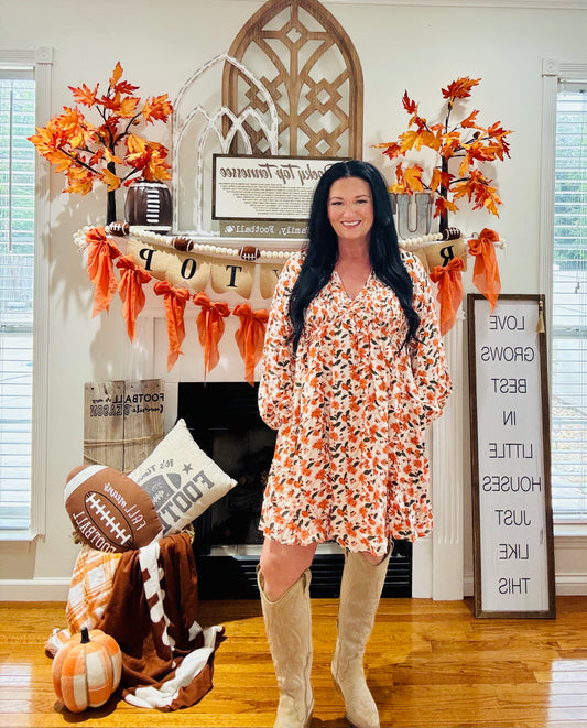 Beige Floral Deep V Neck Smocked Bust Bubble Sleeve Babydoll Dress