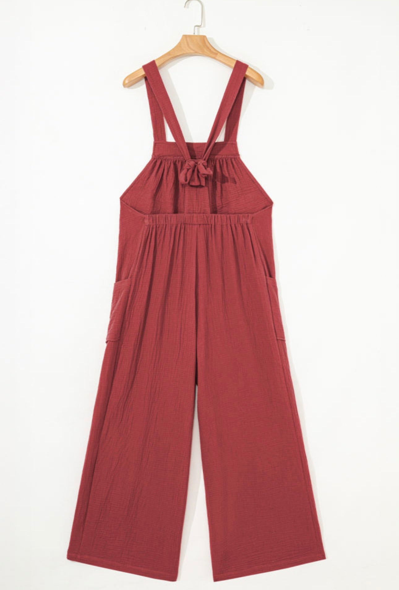 Red Clay Knotted Back Strap Cotton Bib Jumpsuit