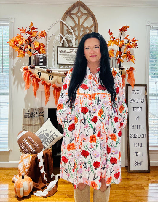 Beige Floral Print 3/4 Puff Sleeve Ricrac Trim Dress