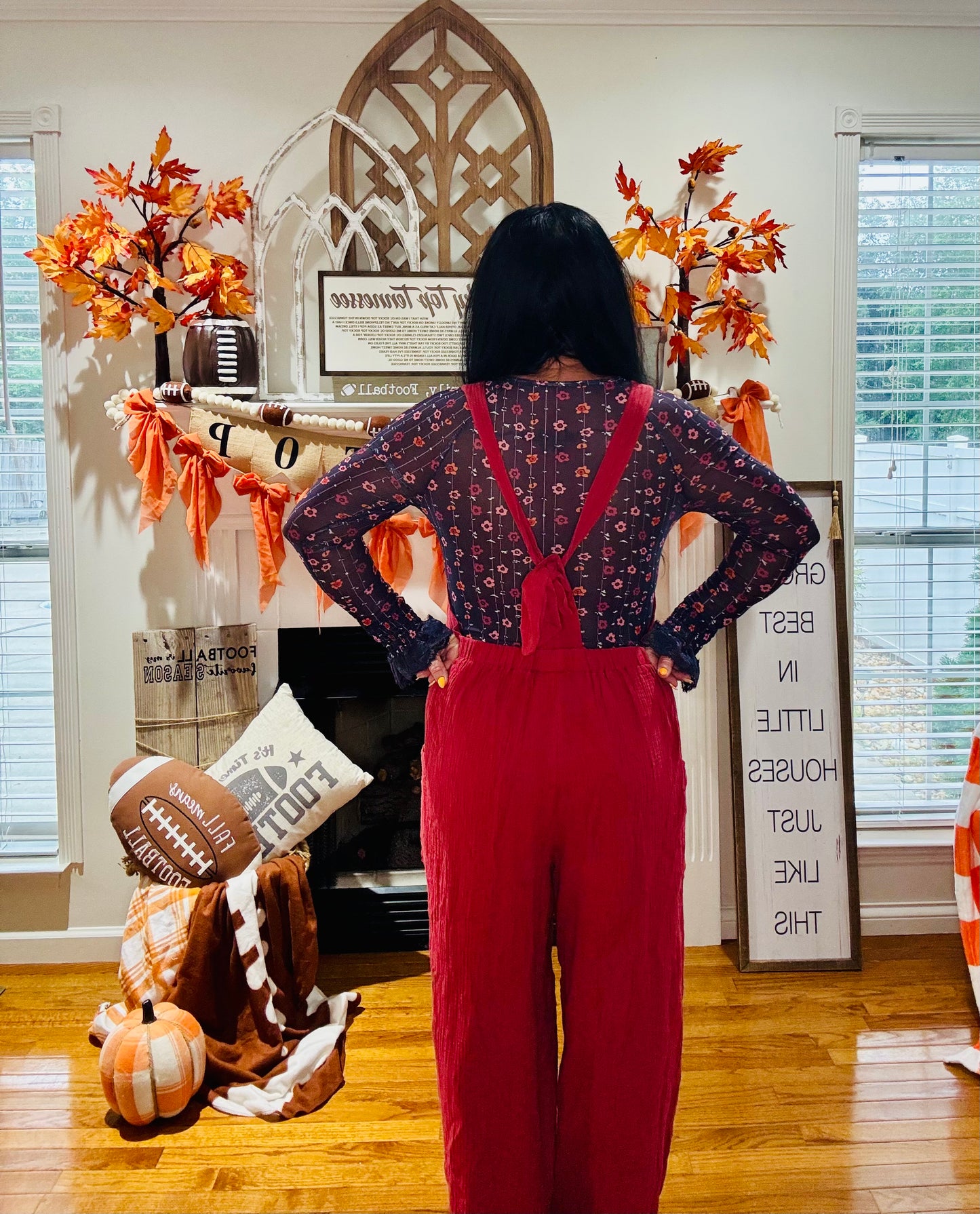Red Clay Knotted Back Strap Cotton Bib Jumpsuit
