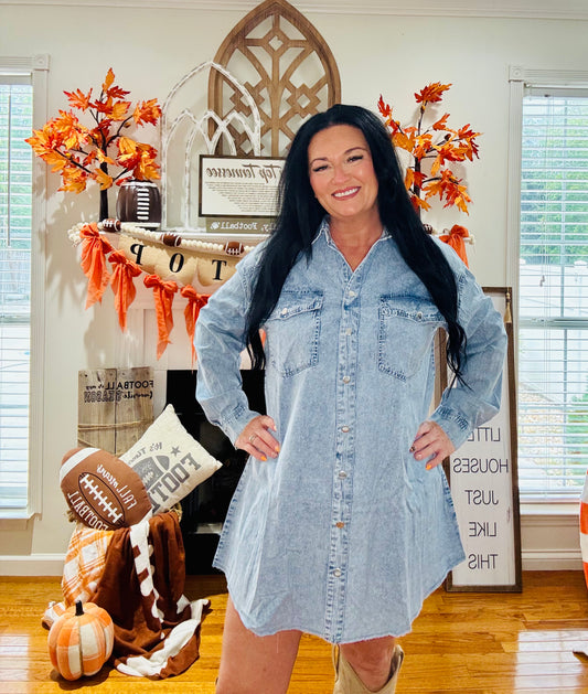 Beau Blue Chest Pocket Raw Hem Denim Loose Shirt Dress