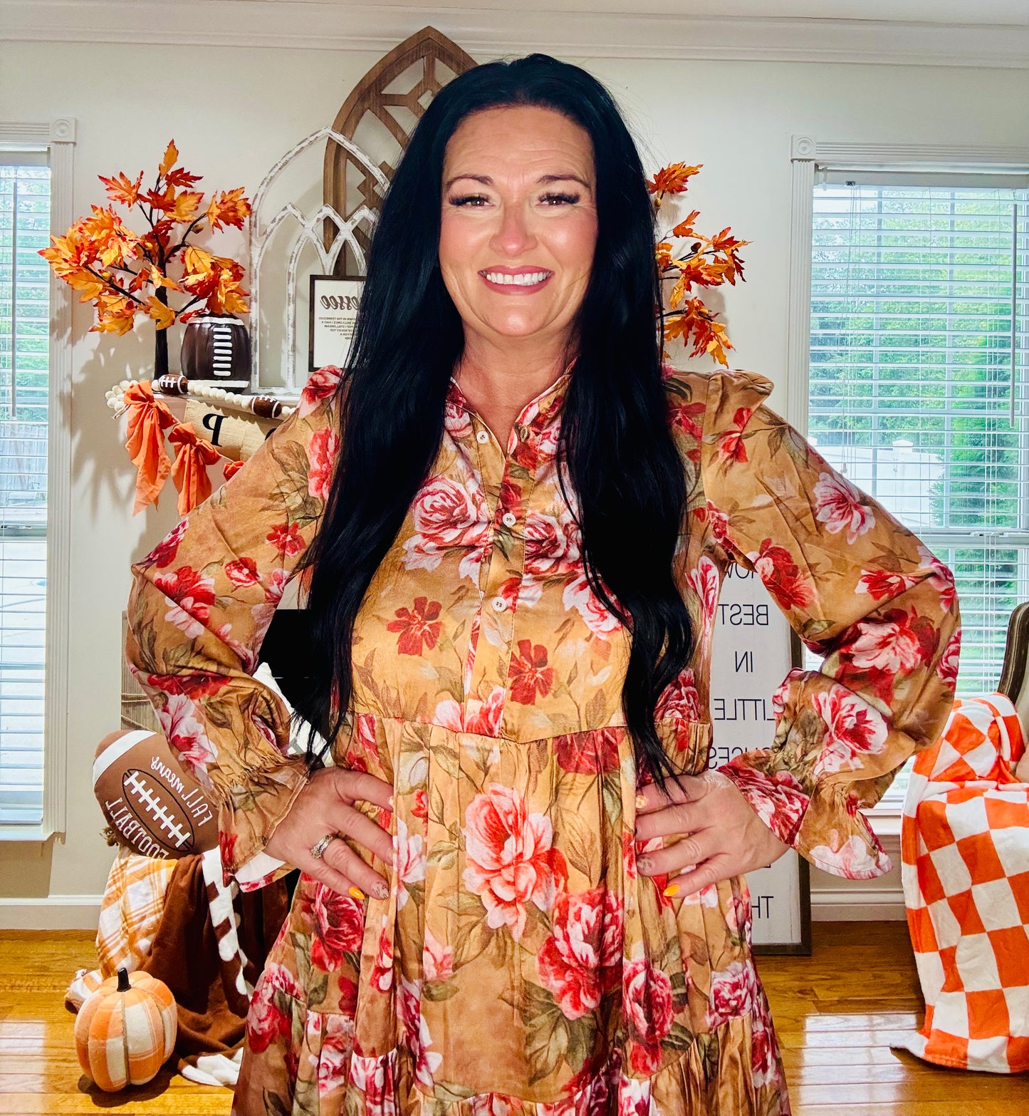 Brown Vintage Floral Print Shirt Style Half Button Long Sleeve Ruffle Mini Dress