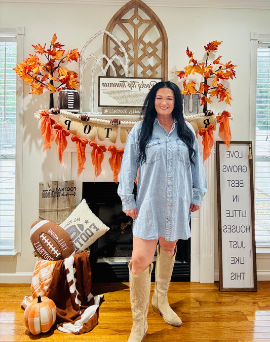 Beau Blue Chest Pocket Raw Hem Denim Loose Shirt Dress