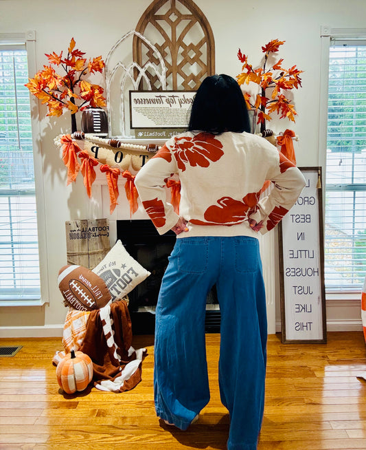 Beige Bold Flower Pattern Wide Sleeve Baggy Sweater