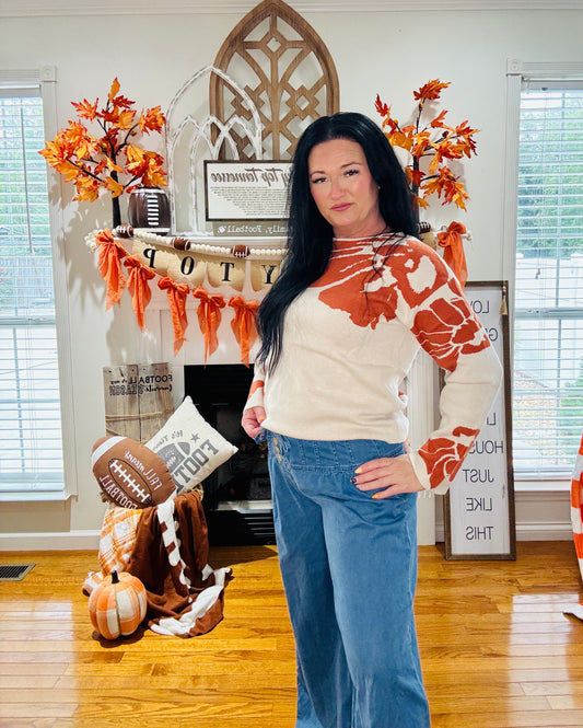 Beige Bold Flower Pattern Wide Sleeve Baggy Sweater