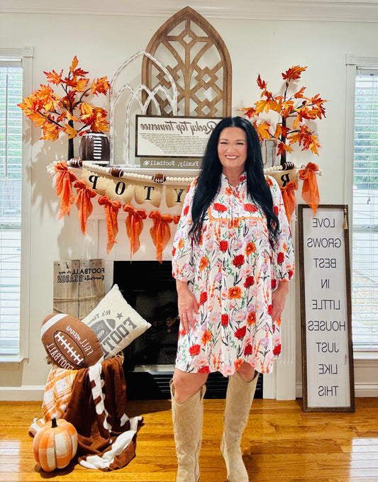 Beige Floral Print 3/4 Puff Sleeve Ricrac Trim Dress