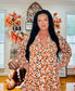 Beige Floral Deep V Neck Smocked Bust Bubble Sleeve Babydoll Dress