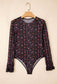 Black Floral Print Smocked Cuff Slim Fit Mesh Bodysuit
