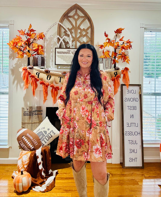 Brown Vintage Floral Print Shirt Style Half Button Long Sleeve Ruffle Mini Dress