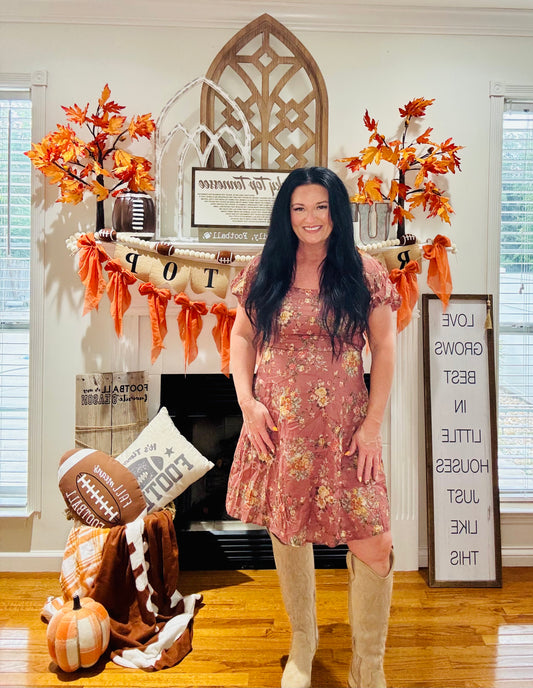 Red/Brown Floral Puff Sleeve Square Neck Knot OpenBack Dress