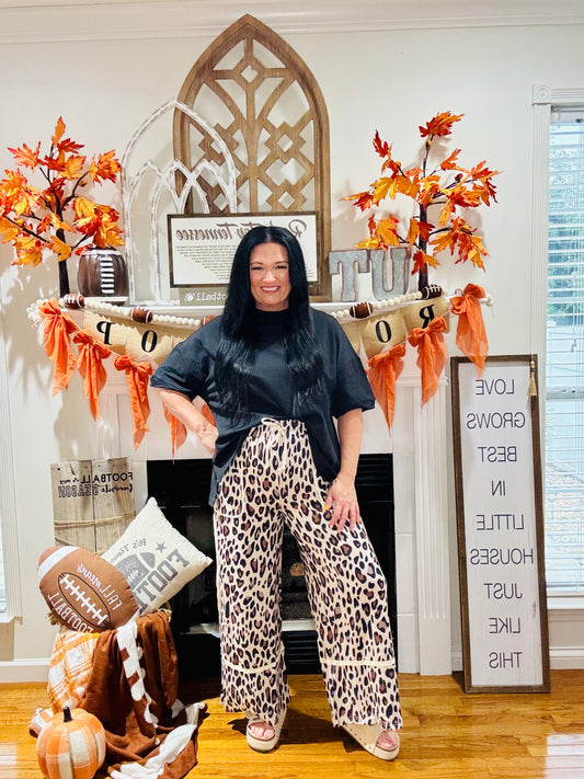 Khaki Leopard Wide Leg Cropped Pants