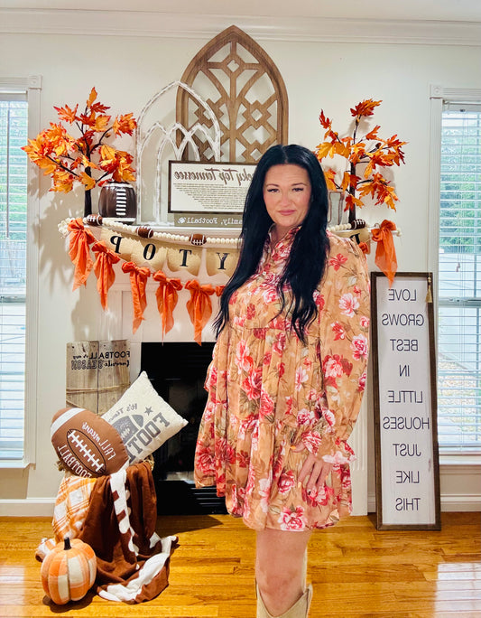 Brown Vintage Floral Print Shirt Style Half Button Long Sleeve Ruffle Mini Dress