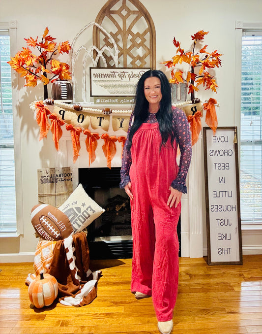 Red Clay Knotted Back Strap Cotton Bib Jumpsuit