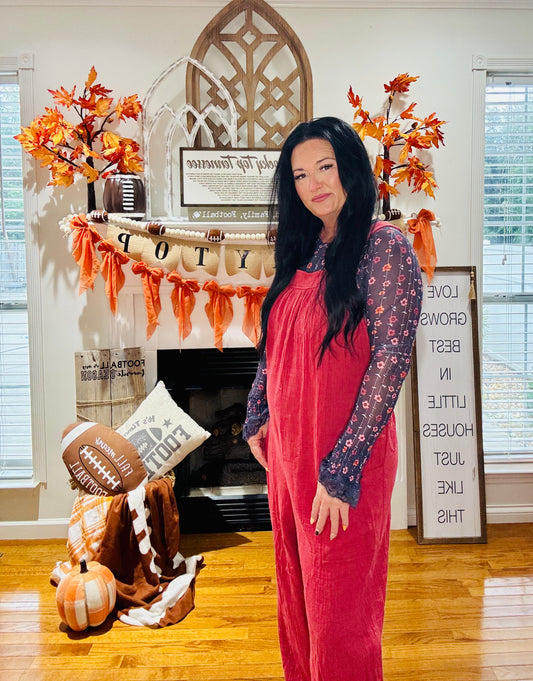 Red Clay Knotted Back Strap Cotton Bib Jumpsuit