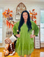 Jungle Green Contrast Stitched V Neck 3/4 Sleeve Tiered Mini Dress